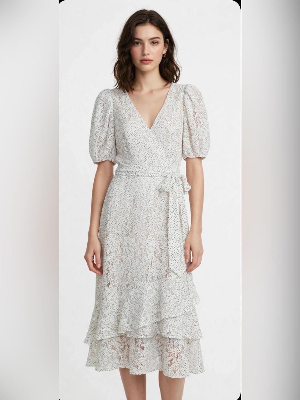 Alex Marie White Black Polka Dot Lace Wrap Midi Dress w/ Puff Sleeves Ruffle 6P
